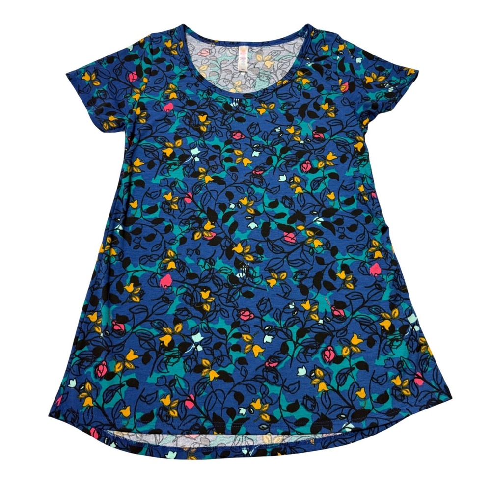 LuLaRoe Classic T Shirt Womens XS Blue Floral Short Sleeve Scoop Neck NWT #107